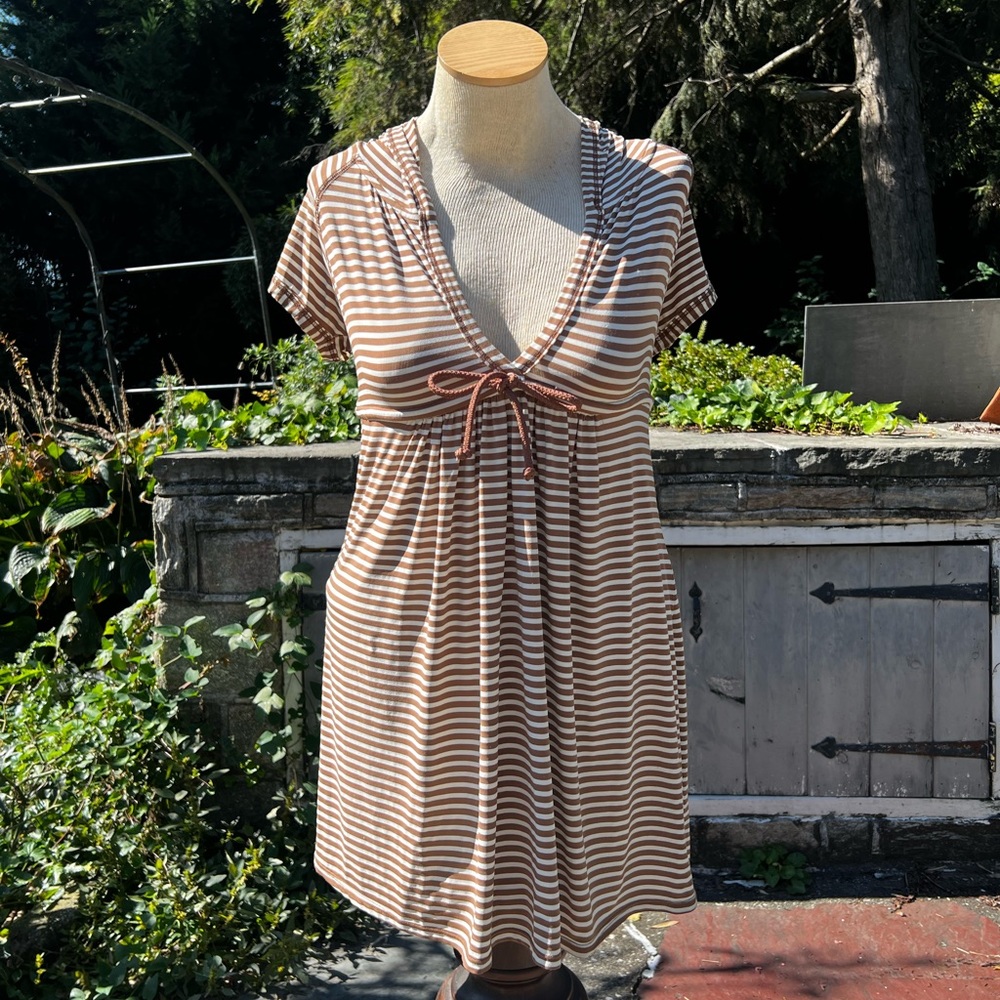 Designer Robin Piccone Tan Stripe Cover Up Hoodie Dress Good Cond Size Medium